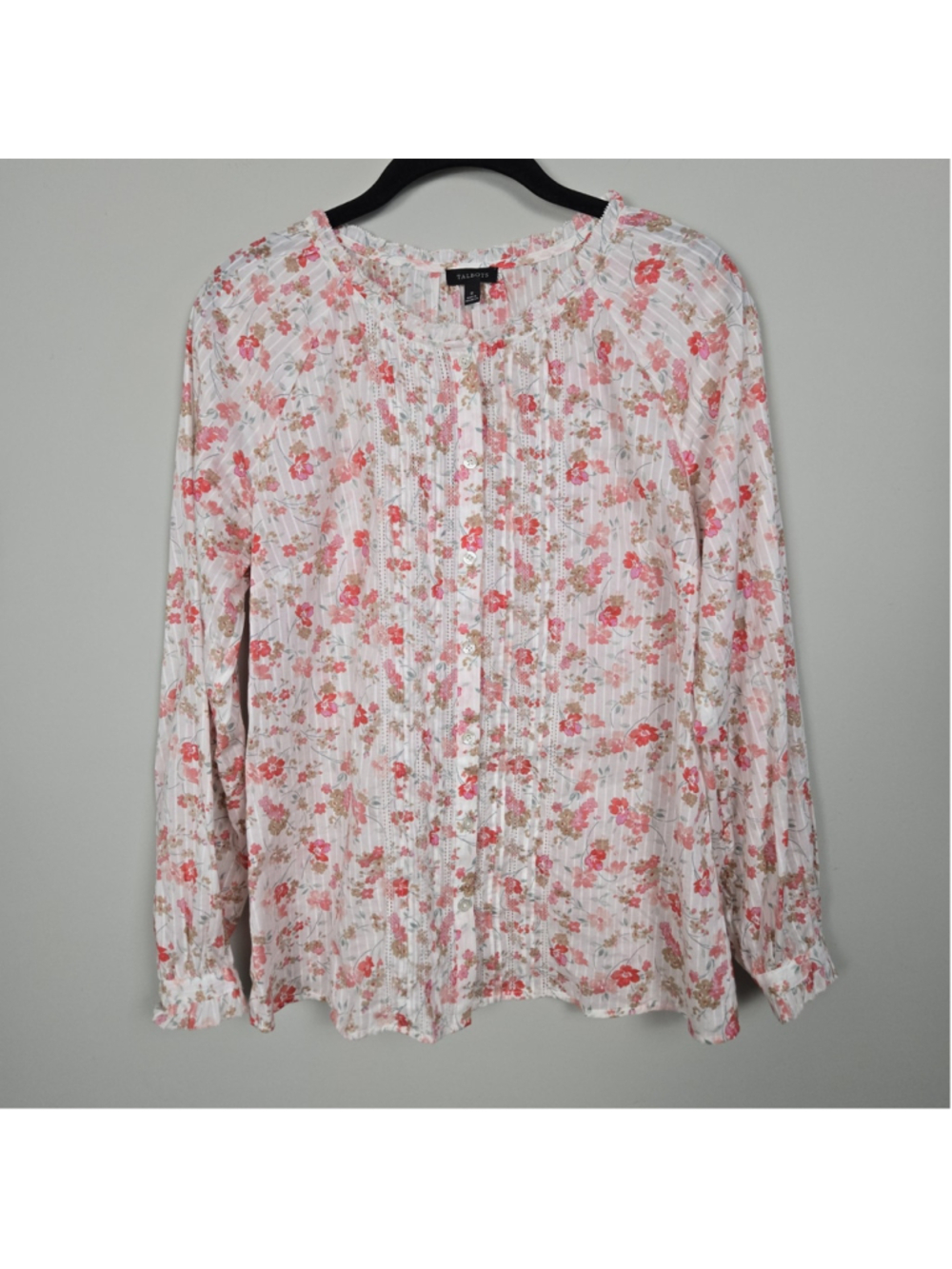 Talbots Womens Ditsy Floral Button Up Top Small Pink Ruffle Cottage Romantic
